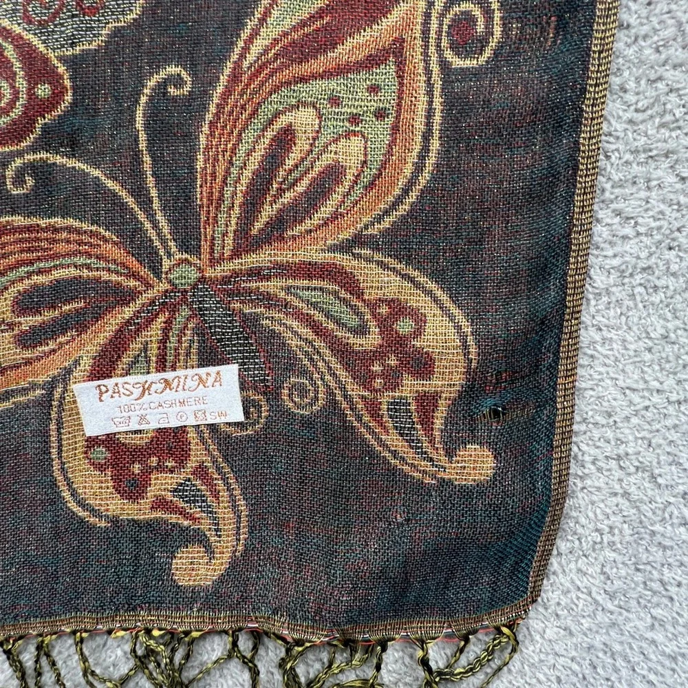 Boho Floral Butterfly Pashmina Scarf Fringe Shawl Vintage Earthy Wrap Cashmere